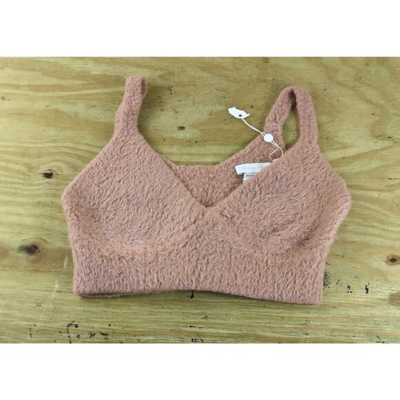 New Jonathan Simkhai Top Medium Pink Caroline Feathered Faux Fur Rib Bra - Picture 1 of 7